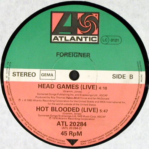Foreigner: Break it up&sol;Hot Blooded+1, vg+&sol;vg+, Atlantic (ATL 20 284), D, Live Typ: 12" Best.-Nr.: V7587 Preis: 4,00 Euro.