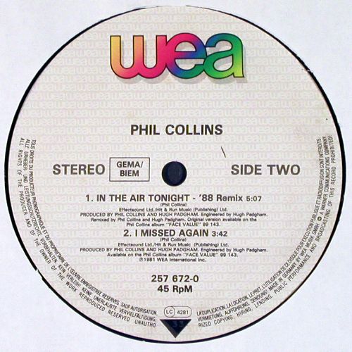 Collins,Phil: In The Air Tonight(88'Rmix&sol;ext)*2+1, WEA (257 672-0), D, 1988 Typ: 12" Best.-Nr.: V7599 Preis: 6,00 Euro.