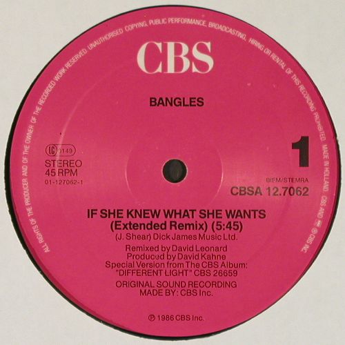 Bangles: If She Knew What She Wants*2+1, CBS (A 12.7062), NL, m &sol;vg+, 1986 Typ: 12" Best.-Nr.: V7602 Preis: 5,00 Euro.