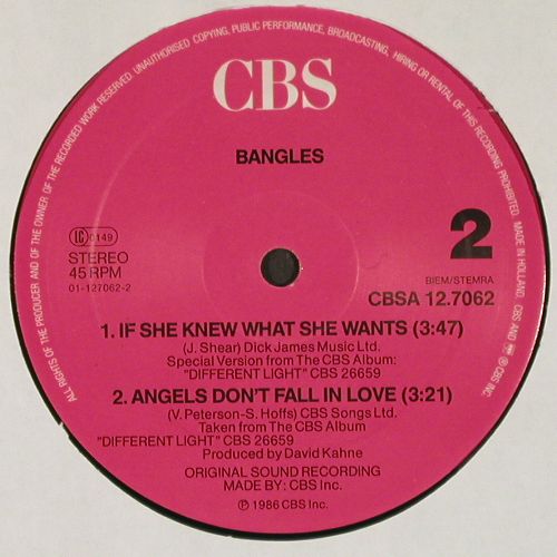 Bangles: If She Knew What She Wants*2+1, CBS (A 12.7062), NL, m &sol;vg+, 1986 Typ: 12" Best.-Nr.: V7602 Preis: 5,00 Euro.