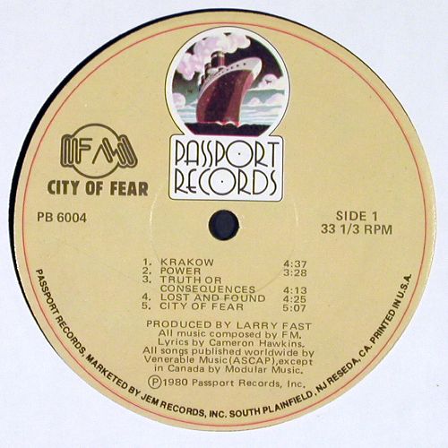 FM: City Of Fear, Foc, m-&sol;vg+, Passport (PB 6004), US, co, 1980 Typ: LP Best.-Nr.: V7613 Preis: 9,00 Euro.