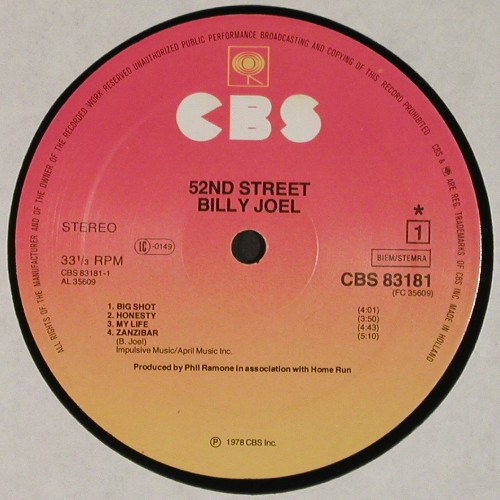 Joel,Billy: 52nd Street, m-/vg+, CBS(CBS 83 181), NL, 1978 - LP - V7934 - 6,00 Euro