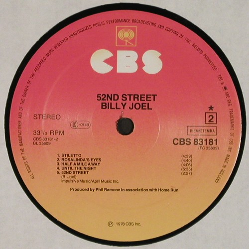 Joel,Billy: 52nd Street, m-/vg+, CBS(CBS 83 181), NL, 1978 - LP - V7934 - 6,00 Euro
