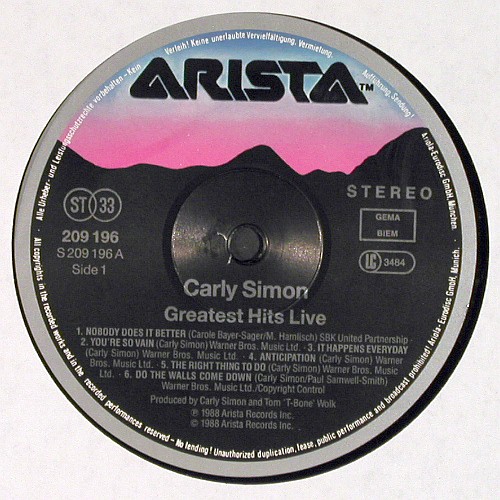 Simon,Carly: Greatest Hits Live, Arista (209 196), D, 1988 Typ: LP Best.-Nr.: V7966 Preis: 6,00 Euro.