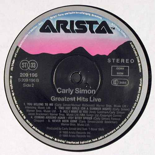 Simon,Carly: Greatest Hits Live, Arista (209 196), D, 1988 Typ: LP Best.-Nr.: V7966 Preis: 6,00 Euro.