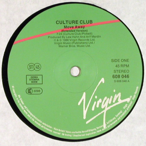 Culture Club: Move Away (7:24) &sol; Sexuality, Virgin (608 046-213), D, 1986 Typ: 12" Best.-Nr.: V8096 Preis: 4,00 Euro.
