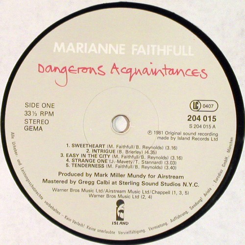 Faithfull,Marianne: Dangerous Acquaintances, m-&sol;vg+, Island (204 015-320), D, 1981 Typ: LP Best.-Nr.: V8106 Preis: 6,00 Euro.