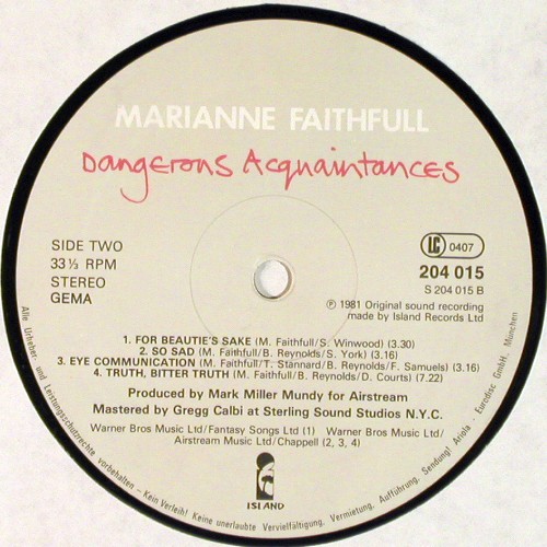 Faithfull,Marianne: Dangerous Acquaintances, m-&sol;vg+, Island (204 015-320), D, 1981 Typ: LP Best.-Nr.: V8106 Preis: 6,00 Euro.