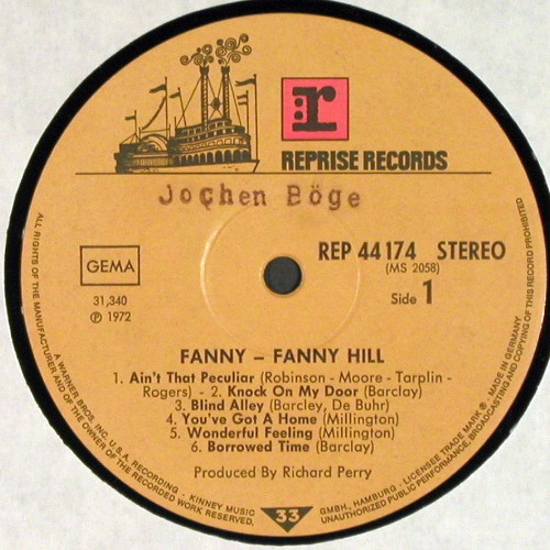 Fanny: Fanny Hill, VG+&sol;m-,Stamp o.Label, Reprise (REP 44 174), D, 1972 Typ: LP Best.-Nr.: V8108 Preis: 45,00 Euro.