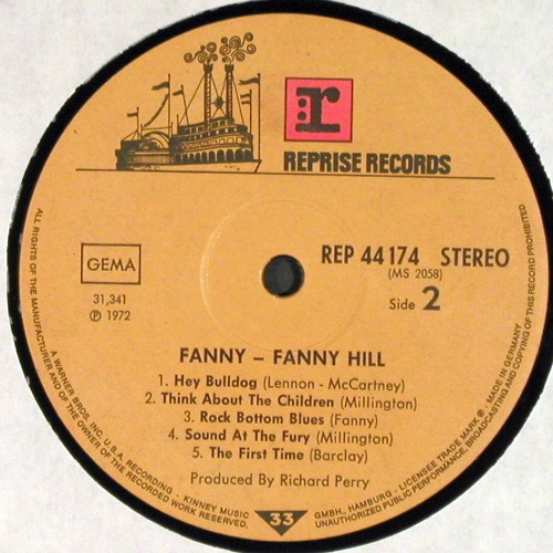 Fanny: Fanny Hill, VG+&sol;m-,Stamp o.Label, Reprise (REP 44 174), D, 1972 Typ: LP Best.-Nr.: V8108 Preis: 45,00 Euro.