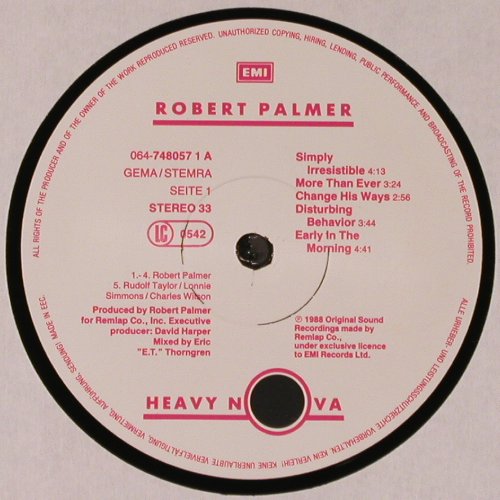 Palmer,Robert: Heavy In Nova, EMI (7 48057 1), EEC, 1988 Typ: LP Best.-Nr.: Y351 Preis: 6,00 Euro.