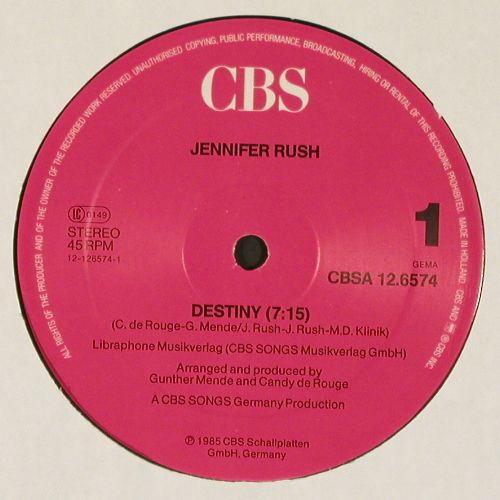 Rush,Jennifer: Destiny(special vers.7:15 &sol; 7")+1, CBS (A 12.6574), NL, 1985 Typ: 12" Best.-Nr.: Y5792 Preis: 3,00 Euro.