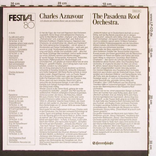 Aznavour,Charles&sol;Pasaena Roof Orch.: Festival'80 "Herrenh&auml;user", Metronome Sonderauflage (0902.015), D Typ: LP Best.-Nr.: Y6309 Preis: 5,00 Euro.
