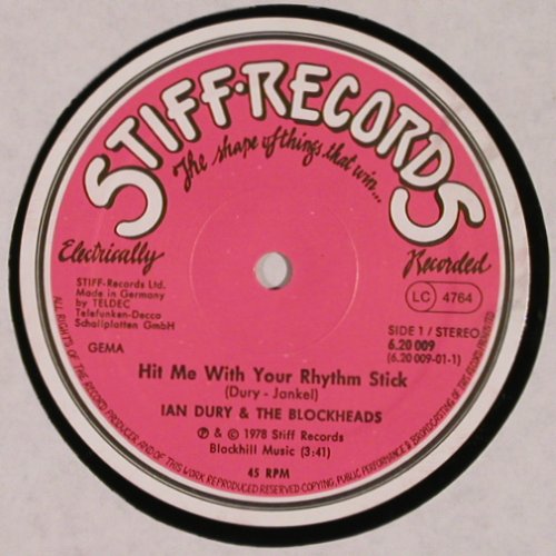 Dury,Ian & Blockheads: Hit Me With Your Rhythm Stick+1, Stiff (6.20009 AE), D, 1979 Typ: 12" Best.-Nr.: V2698 Preis: 5,00 Euro