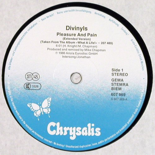 Divinyls: Pleasure & Pain*2 &sol; Heart Telegraph, Chrysalis (607 969-213), D, 1985 Typ: 12" Best.-Nr.: V7104 Preis: 4,00 Euro.