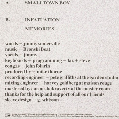 Bronski Beat: Smalltown Boy (9:00) +2, Metronome (820 996-1 ME), D, 1984 Typ: 12" Best.-Nr.: V7242 Preis: 4,00 Euro.