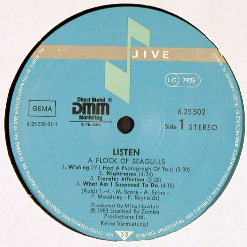 A Flock Of Seagulls: Listen, m-&sol;vg+, Jive (6.25502 AO), D, 1983 Typ: LP Best.-Nr.: V7629 Preis: 6,00 Euro.
