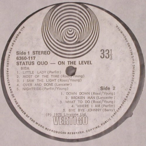 Status Quo: On The Level, m-/vg+ (Haifa), Vertigo white Swirl (6360 117), Israel, 1975 Typ: LP Best.-Nr.: V2457 Preis: 7,50 Euro