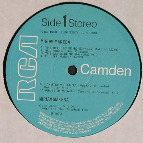 Makeba,Myriam: Same, Signature, rec.in bad cond., Camden (CDS 1068), UK,vg--/m-, 1970 Typ: LP Best.-Nr.: V4743 Preis: 9,00 Euro