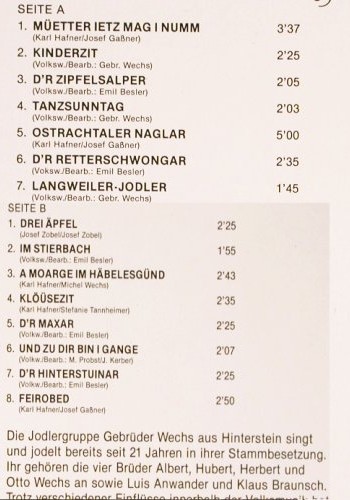 Jodlergruppe Gebrüder Wechs: Hinterstein, Weltmelodie (WM-LP 104), D, 1982 Typ: LP Best.-Nr.: V6089 Preis: 7,50 Euro