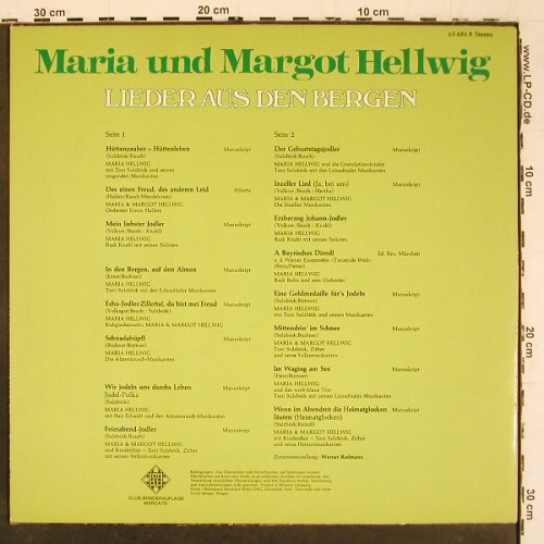 Hellwig,Maria & Margot: Lieder aus den Bergen, Telefunken Club Sondaufl (65 686 8), D, 1977 Typ: LP Best.-Nr.: V6356 Preis: 9,00 Euro.