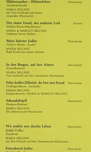 Hellwig,Maria & Margot: Lieder aus den Bergen, Telefunken Club Sondaufl (65 686 8), D, 1977 Typ: LP Best.-Nr.: V6356 Preis: 9,00 Euro.