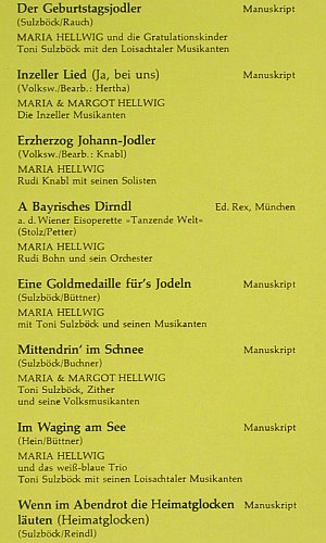 Hellwig,Maria & Margot: Lieder aus den Bergen, Telefunken Club Sondaufl (65 686 8), D, 1977 Typ: LP Best.-Nr.: V6356 Preis: 9,00 Euro.