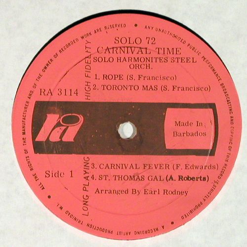 Solo Harmonites: Carnival Time Vol.2 (Steel), vg+&sol;m-, RA (LA 3114), Barbados, 1972 Typ: LP Best.-Nr.: V7882 Preis: 12,50 Euro.