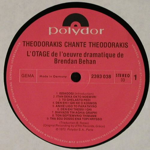 Theodorakis,Mikis: L'Otage-Theodorakis Chante, Polydor (2393 038), D, 1972 Typ: LP Best.-Nr.: V7908 Preis: 7,50 Euro.