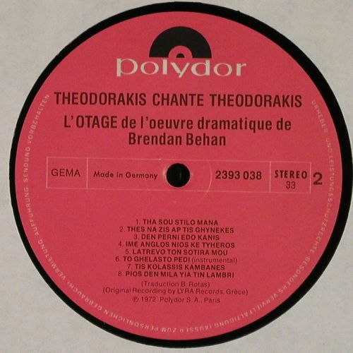 Theodorakis,Mikis: L'Otage-Theodorakis Chante, Polydor (2393 038), D, 1972 Typ: LP Best.-Nr.: V7908 Preis: 7,50 Euro.