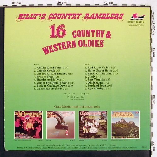 Billy' Country Ramblers: 16 Cpountry & Western Oldies, Maritim (47 640 NU), D, 1980 Typ: LP Best.-Nr.: V2961 Preis: 5,00 Euro