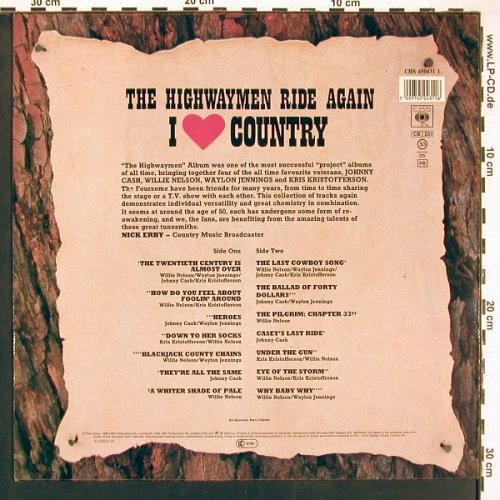 V.A.The Highwaymen Ride Again: I Love Country,Kristoff,Nelson,Cash, CBS (450431 1), NL, 1986 Typ: LP Best.-Nr.: V6000 Preis: 6,00 Euro