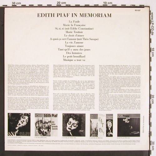Piaf,Edith: In Memoriam, Mono, Columbia (83 557), D, 1964 Typ: LP Best.-Nr.: V2412 Preis: 9,00 Euro