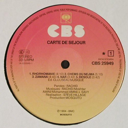 Carte De Sejour: Rhorhomanie, m-/vg+, CBS(CBS 25 949), NL, 1984 - LP - V7764 - 9,00 Euro
