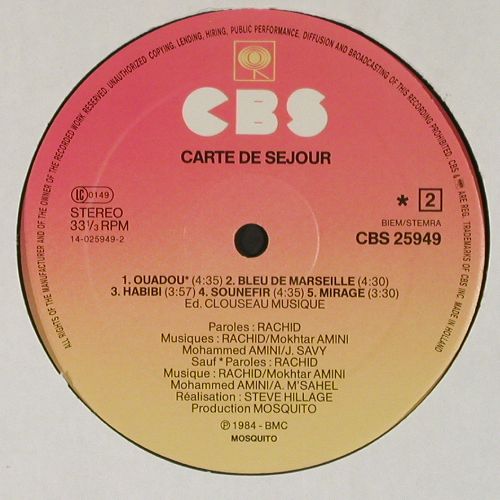 Carte De Sejour: Rhorhomanie, m-/vg+, CBS(CBS 25 949), NL, 1984 - LP - V7764 - 9,00 Euro