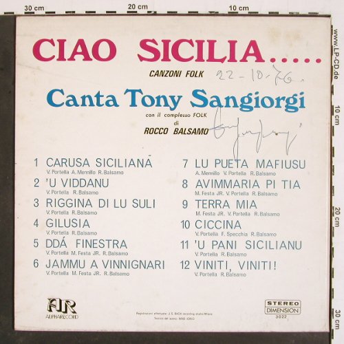 Sangiorgi,Tony: Ciao Sicilia...,Foc, sign., Alpha Records (3022), I, 1975 Typ: LP Best.-Nr.: V5035 Preis: 7,50 Euro