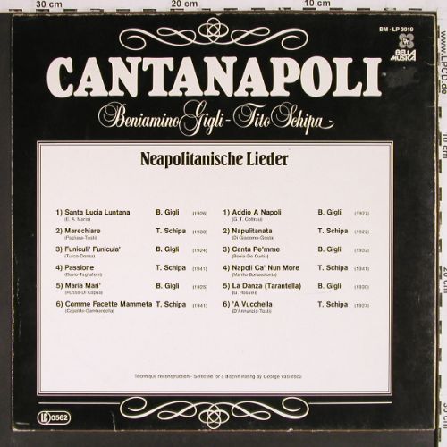 V.A.Cantanapoli (1924-1941): Beniamino Gigli,Tito Schipa, Bella Musica (BMLP 3019), D, m-&sol;vg+, 1981 Typ: LP Best.-Nr.: V7776 Preis: 5,00 Euro.