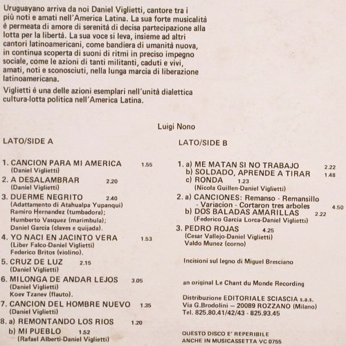 Viglietti,Daniel: Canciones Para Mi America, I Dischi Dello Zodiaco (VPA 8275), I, vg+/vg+, 1976 Typ: LP Best.-Nr.: V3829 Preis: 7,50 Euro