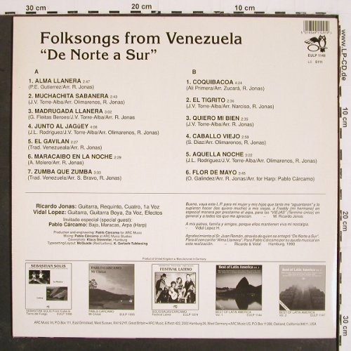 De Norte A Sur: Folksongs From Venezuela, Arcade (EULP 1149), D, 1990 Typ: LP Best.-Nr.: V5345 Preis: 7,50 Euro