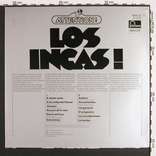 Los Incas: Attention! Incl. El condor Pasa, Fontana(6444 113), D, 1972 - LP - V7492 - 7,50 Euro