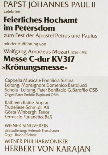 Karajan,Herbert von/Papst J.Paul II: Feierliches Hochamt im Petersdom, D.Gr. (43 896 0), D,Club Ed., 1986 Typ: LP Best.-Nr.: K1393 Preis: 7,50 Euro