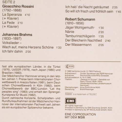 Mädchenchor Hannover: Chorwerke der Romantik, Foc, EMI/Harmonia Mundi (16 9589 1), D, co, 1986 Typ: LP Best.-Nr.: K1394 Preis: 7,50 Euro