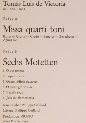 de Victoria,Tomas Luis: Missa Quarti Toni / Sechs Motetten, Christophorus/Erato (CGLP 75 847), D, Mono Typ: LP Best.-Nr.: K1399 Preis: 9,00 Euro