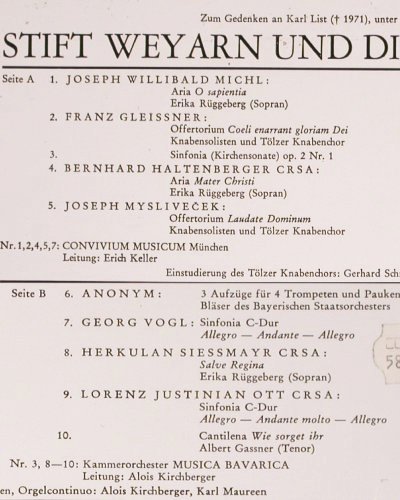 V.A.Stift Weyarn u.d.Münch.Hofmusik: J.W.Michl,Fr.Gleisner, L.J.Ott Crsa, Musica Bavarica (MB 303), D, 1973 Typ: LP Best.-Nr.: K1403 Preis: 9,00 Euro
