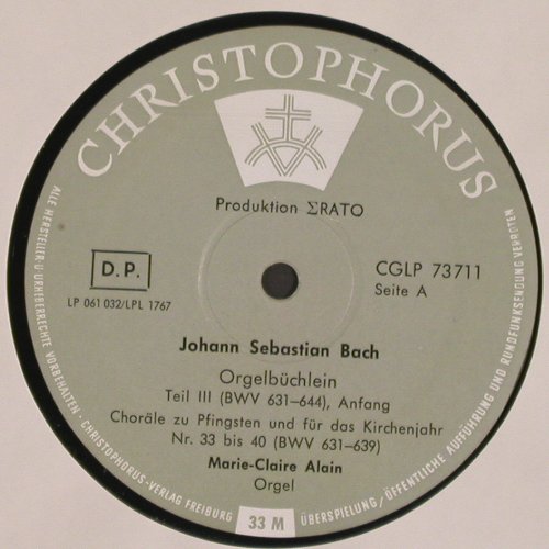 Bach,Johann Sebastian: Orgelbüchlein Teil3,BWV 631 bis 644, Christophorus(CGLP 73 711), D, Mono, 1962 - LP - K1409 - 9,00 Euro