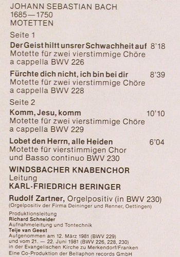 Bach,Johann Sebastian: Motetten BWV 226,228,229,230, Bellaphon (680-01-011), D, 1982 Typ: LP Best.-Nr.: K1438 Preis: 6,00 Euro