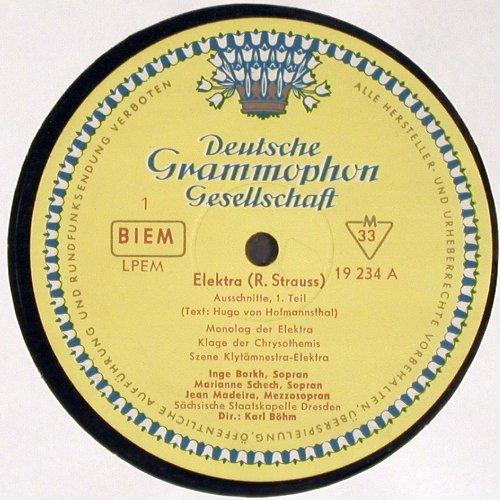 Strauss,Richard: Elektra, Querschnitt, D.Gr. (LPEM 19 234), D, 1961 Typ: LP Best.-Nr.: K1456 Preis: 7,50 Euro