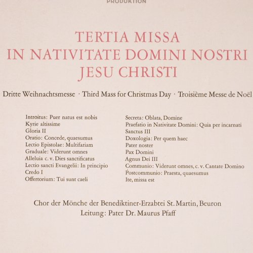 Mönche der Benediktiner-Erzabtei: St.Martin, Beuron.Tertia Missa..Foc, Archiv (198 036), D,Ri,m/vg+ Typ: LP Best.-Nr.: K1457 Preis: 5,00 Euro