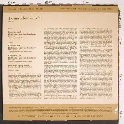 Bach,Johann Sebastian: Cembalokonzerte 1, BWV 1052,1056,54, Christophorus (CGLP 75 754), D, Mono Typ: LP Best.-Nr.: K1468 Preis: 7,50 Euro