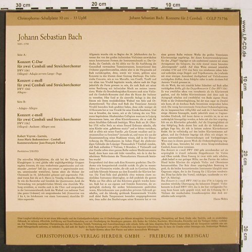 Bach,Johann Sebastian: Konzerte f. 2 Cembali,BWV 1060-1062, Christophorus (CGLP 75 756), D, Mono Typ: LP Best.-Nr.: K1470 Preis: 9,00 Euro